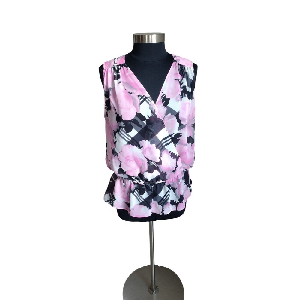 INC International Concepts Women’s Black Pink Floral Surplice Peplum Size 16